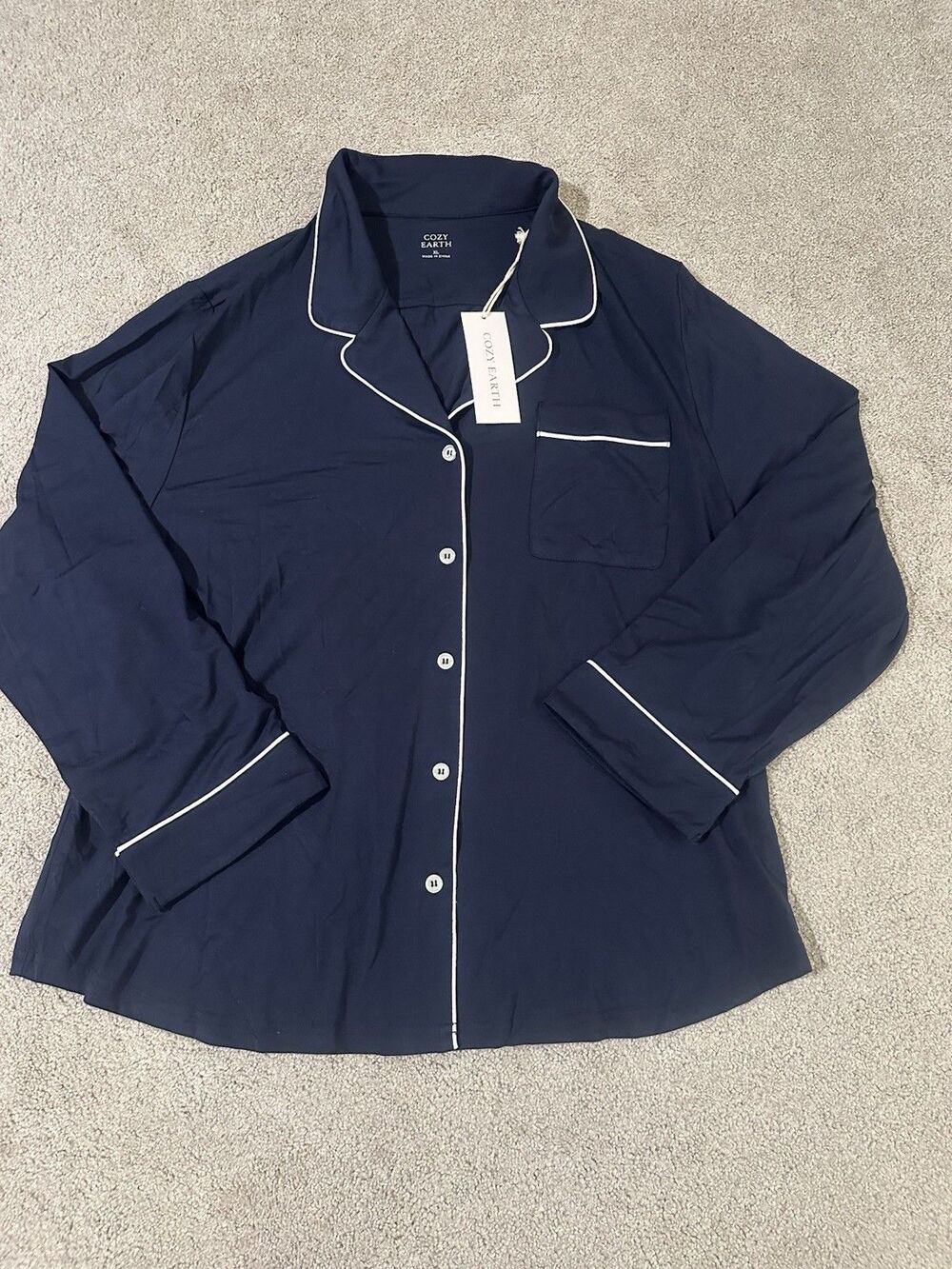Cozy Earth Bamboo Stretch-Knit Pajama Top Women's XL Navy Long Sleeve NWT